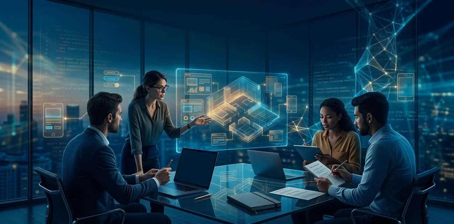 Webnetic website development team planning a project around a holographic website layout