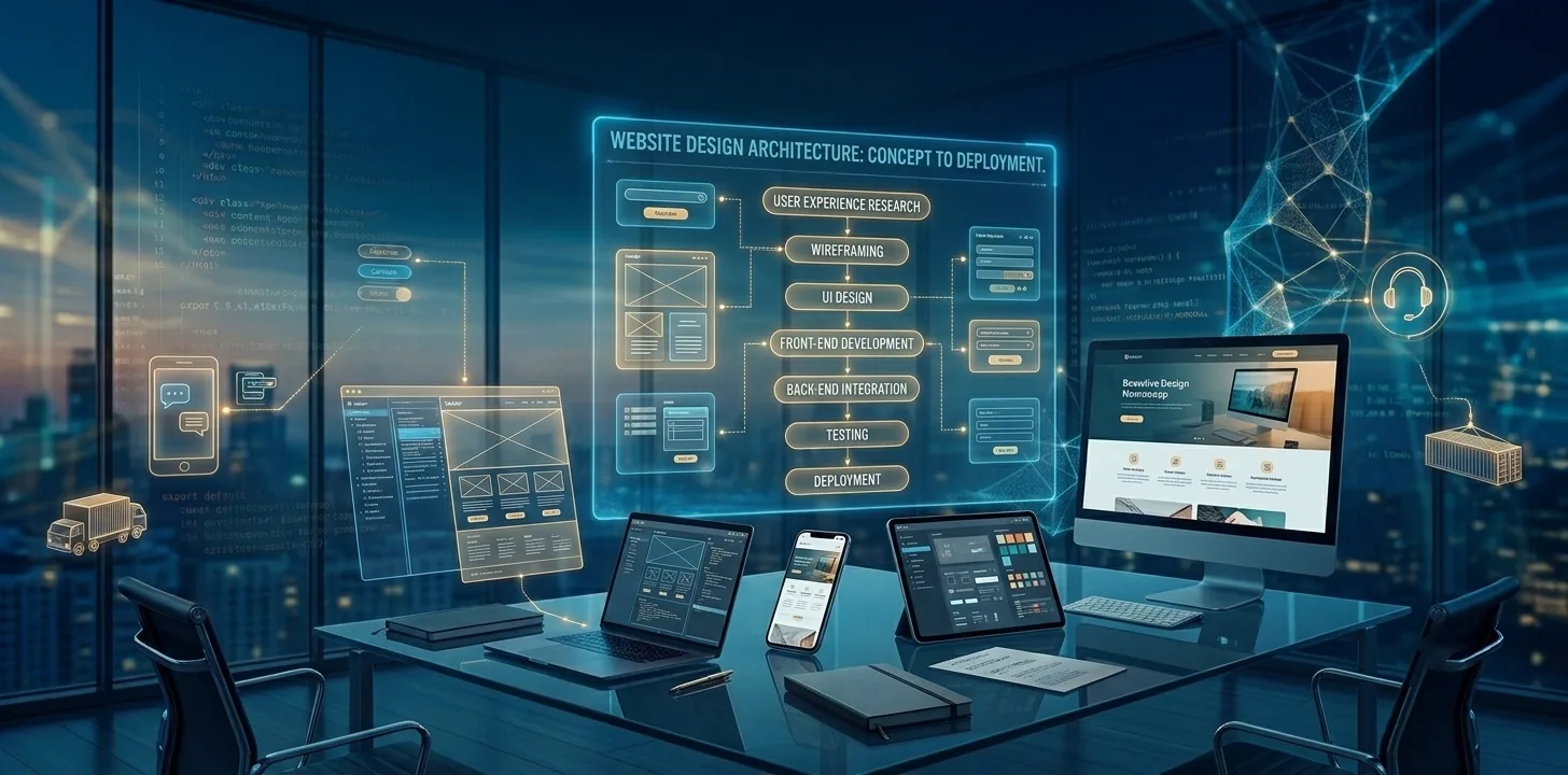 Website design workflow from user research to deployment shown on a holographic display above a desk of devices