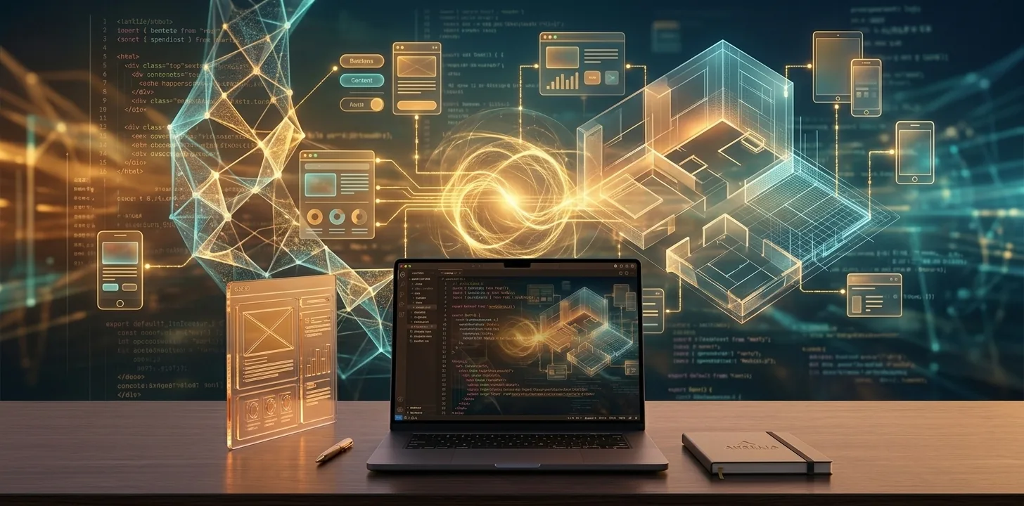 Website development workspace with a laptop showing code and responsive page layouts