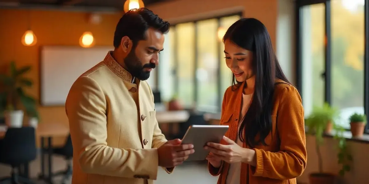 A client and a web professional reviewing a website together on a tablet