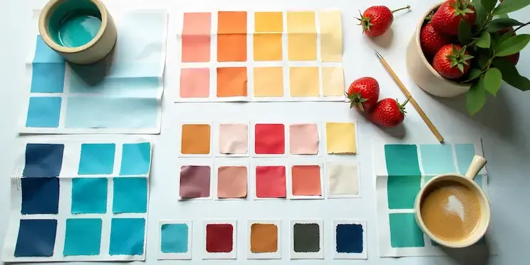 Fabric and colour swatches laid out on a white table with paint pots, a coffee and strawberries