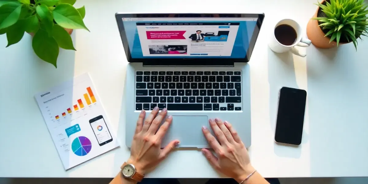 Top-down view of hands typing on a laptop beside printed sales charts, a phone, coffee and plants
