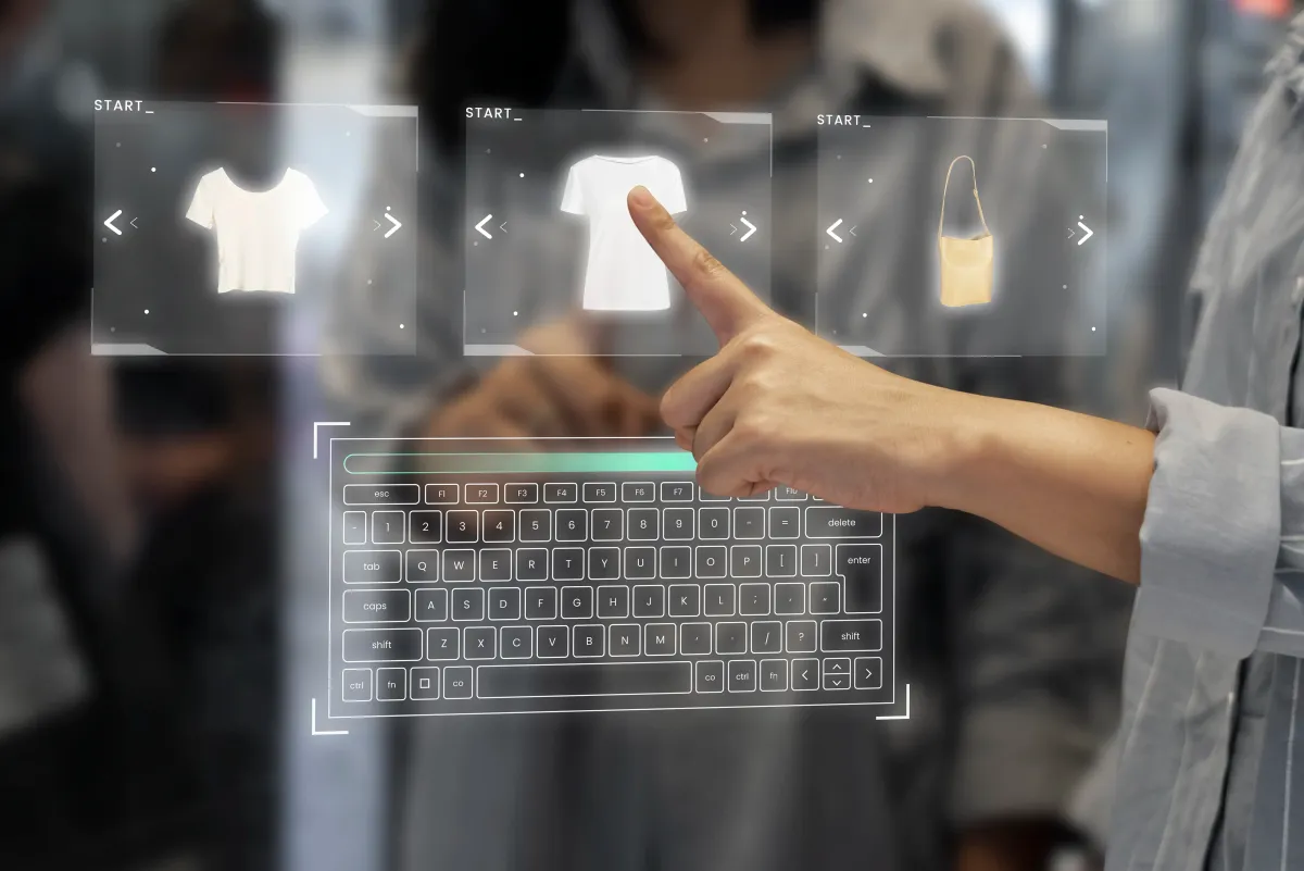 A shopper choosing a T-shirt on a floating virtual storefront with an on-screen keyboard