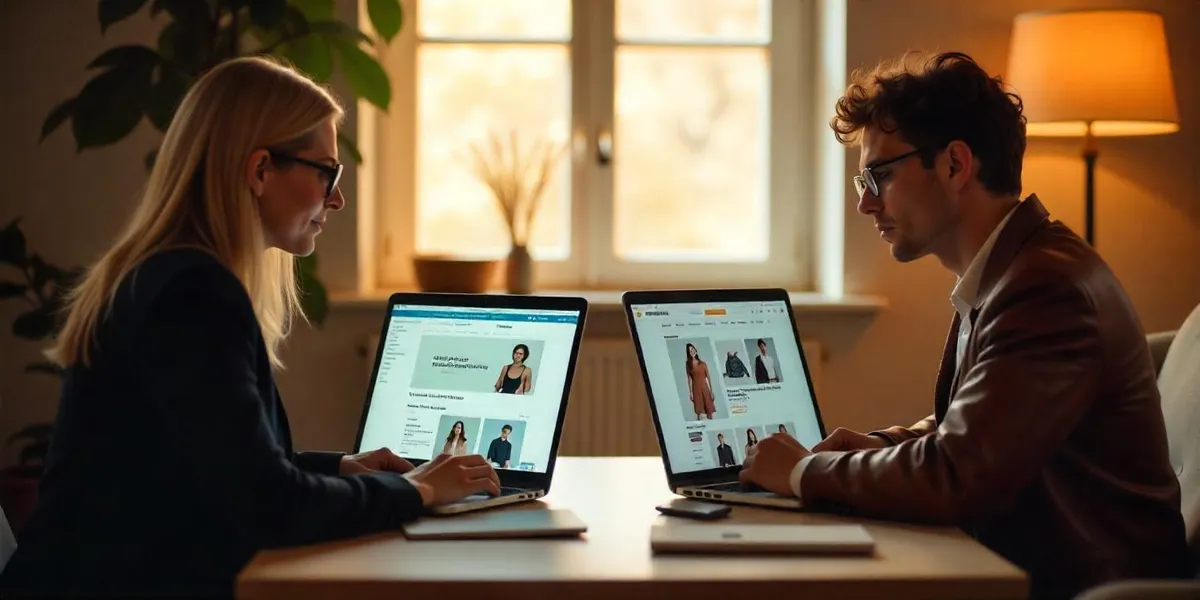 Two people working late at their laptops on an online fashion store