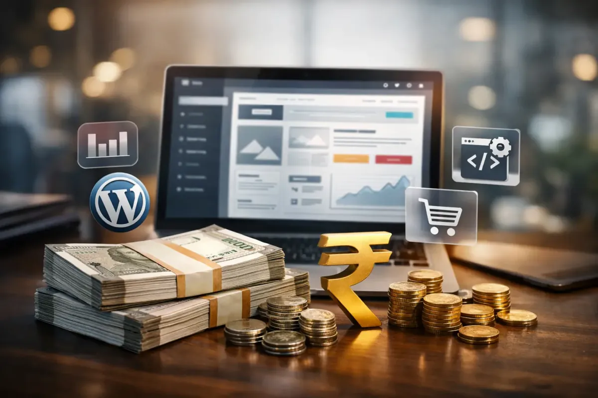 Website design cost in India: a laptop showing a website layout beside rupee notes and coins