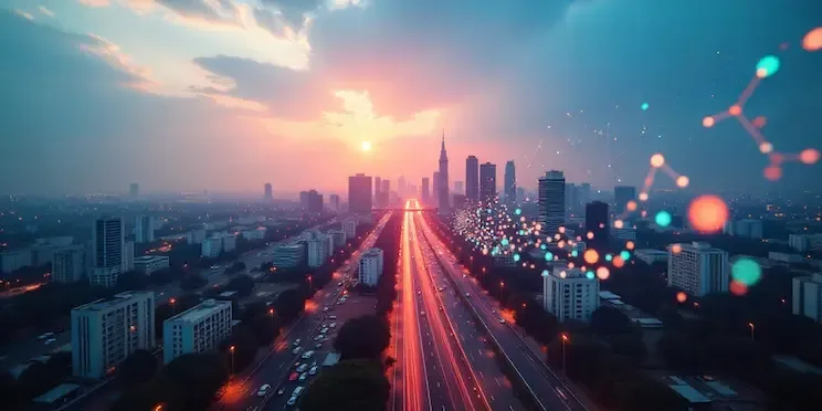 A city skyline at sunset with a glowing highway running towards the horizon