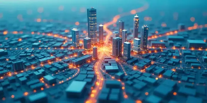 A glowing aerial view of a city with light trails connecting its districts