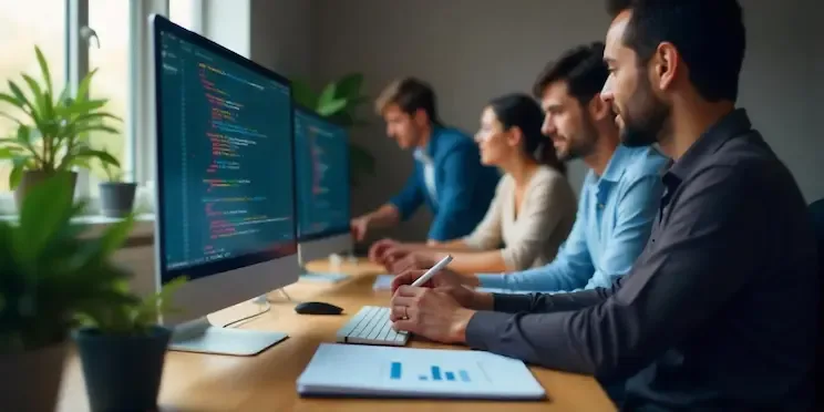 Developers working side by side at monitors full of code in a bright studio