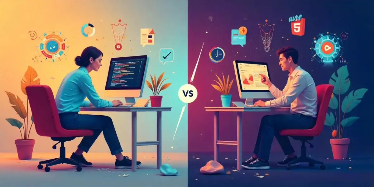 Illustration of a designer and a developer working at their desks side by side