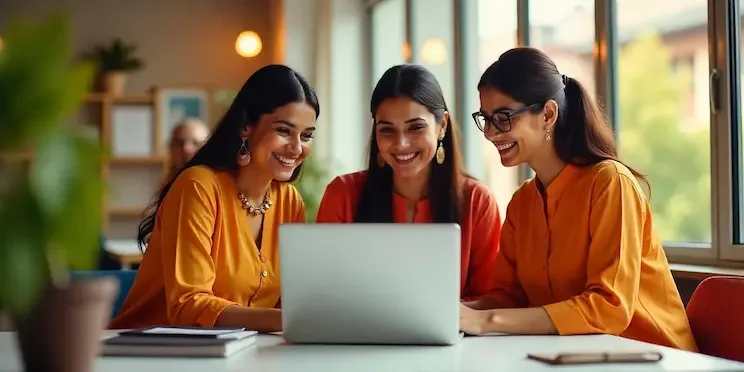 Three local business owners smiling as they review their website on a laptop
