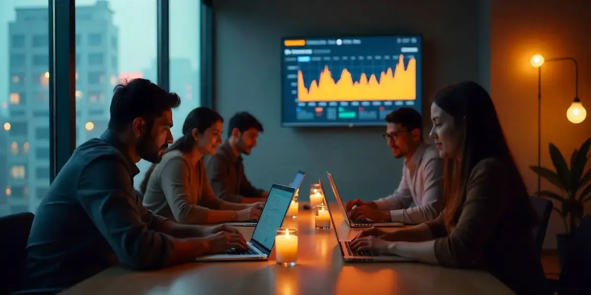 A small team working together on laptops in a warmly lit office in the evening