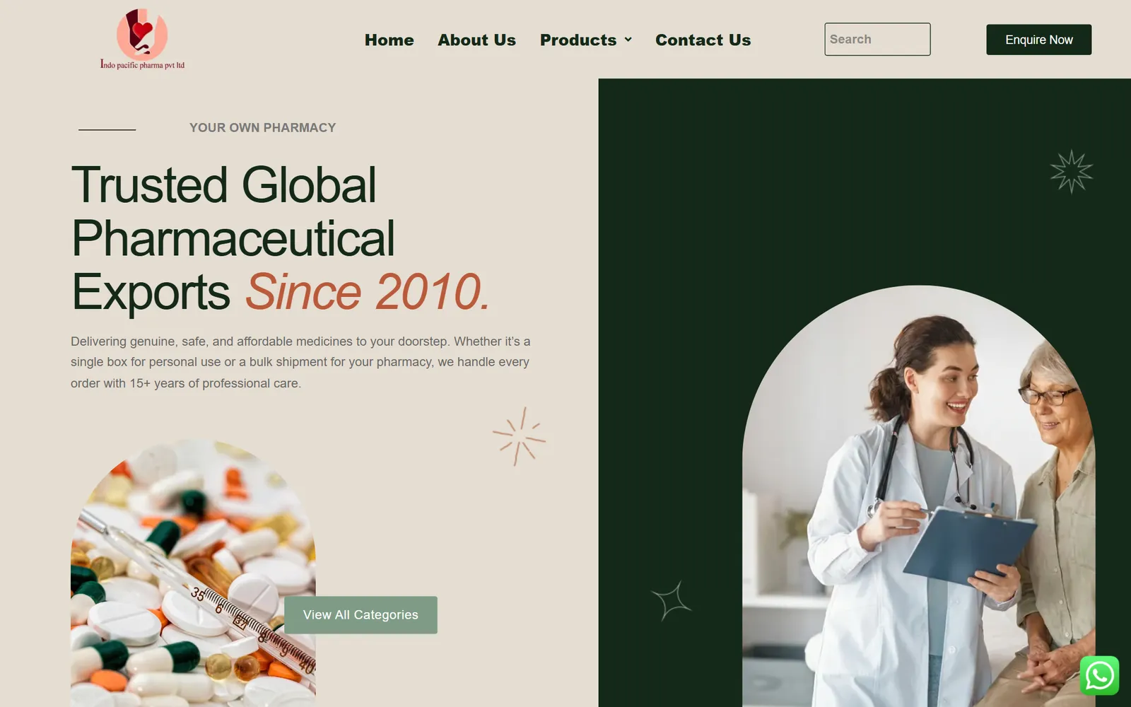 Indo Pacific Pharma homepage on desktop: “Trusted Global Pharmaceutical Exports Since 2010” beside a photo of a doctor with a patient