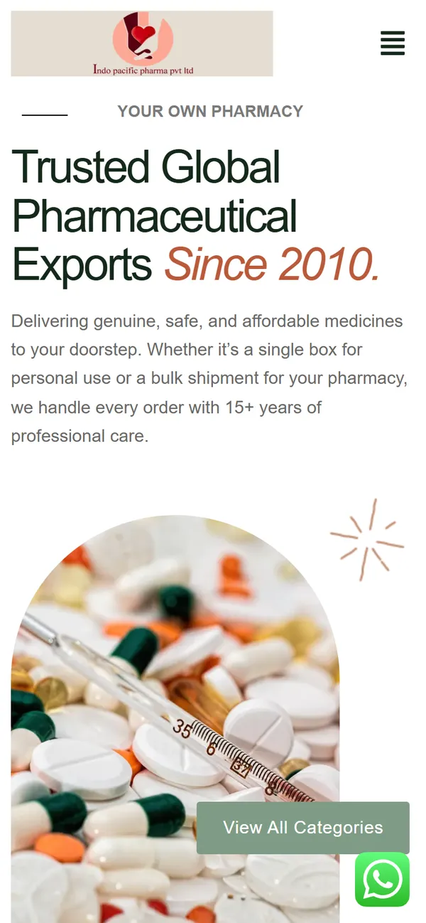 Indo Pacific Pharma homepage on a phone, with the headline and a View All Categories button