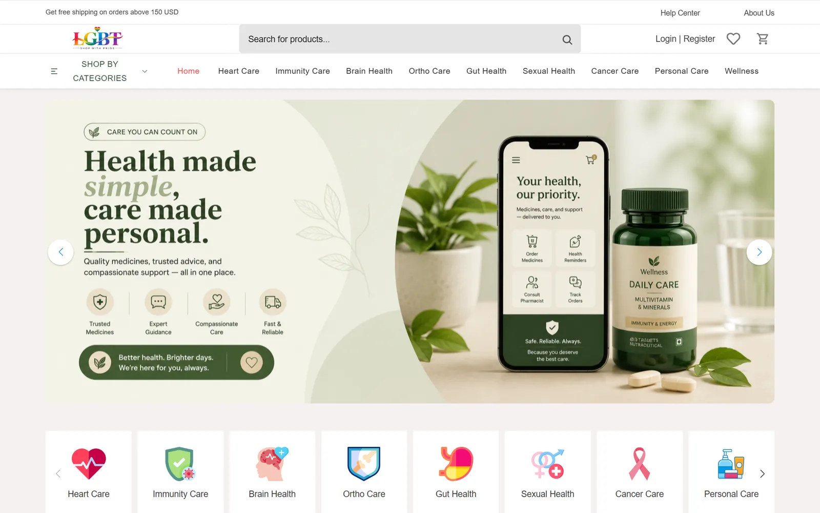 Pharmacy for LGBT homepage on desktop: product search, health category menu and a “Health made simple” banner