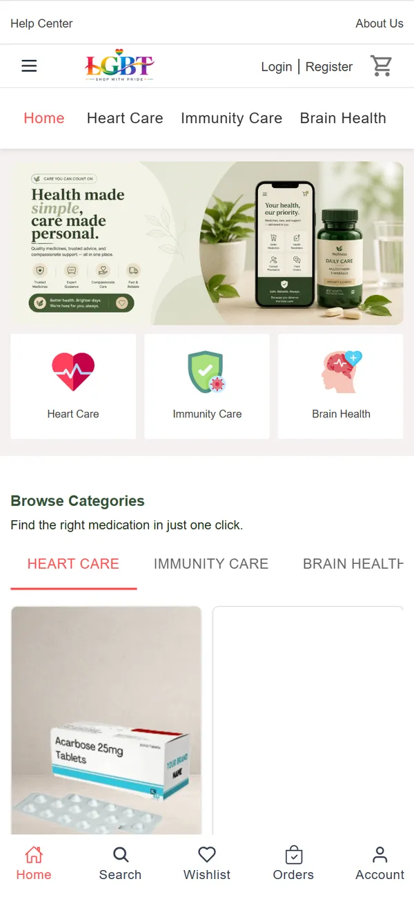 Pharmacy for LGBT on a phone, with category tiles and a bottom navigation bar