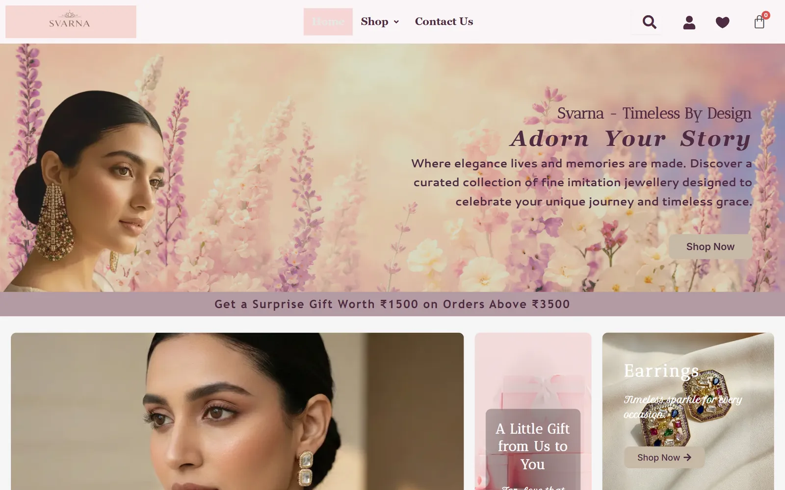 Svarna Luxe homepage on desktop: a jewellery hero banner reading “Adorn Your Story” with a Shop Now button