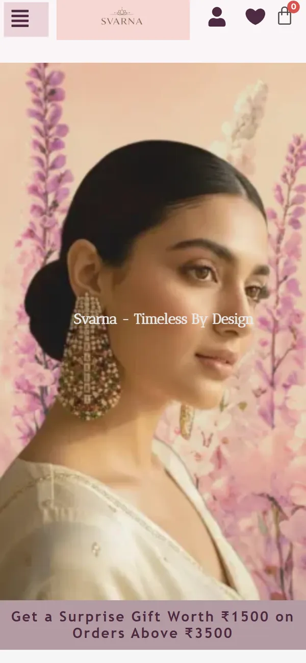 Svarna Luxe homepage on a phone, with a full-screen jewellery portrait