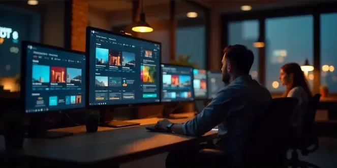 Developer building a website across several monitors in a dimly lit studio