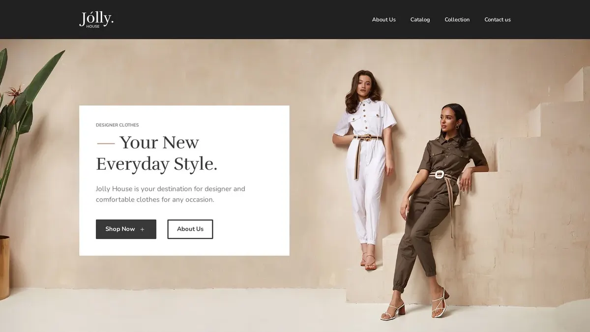 Example clothing brand homepage with a hero photo and shop buttons