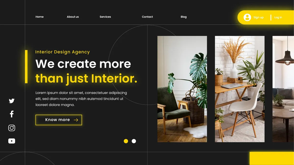 Example interior design studio homepage on a dark theme with a photo gallery