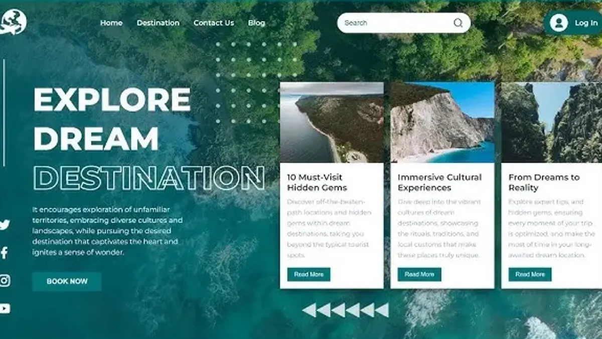 Example travel blog homepage with featured article cards